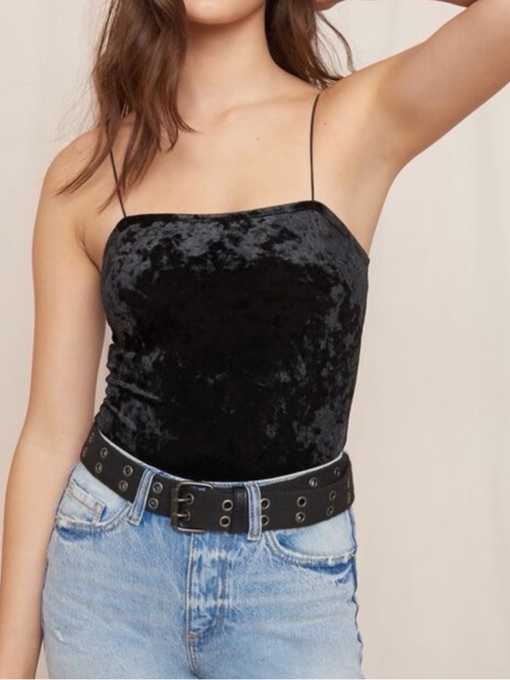 Garage Black Velvet Spaghetti-Strap Bodysuit